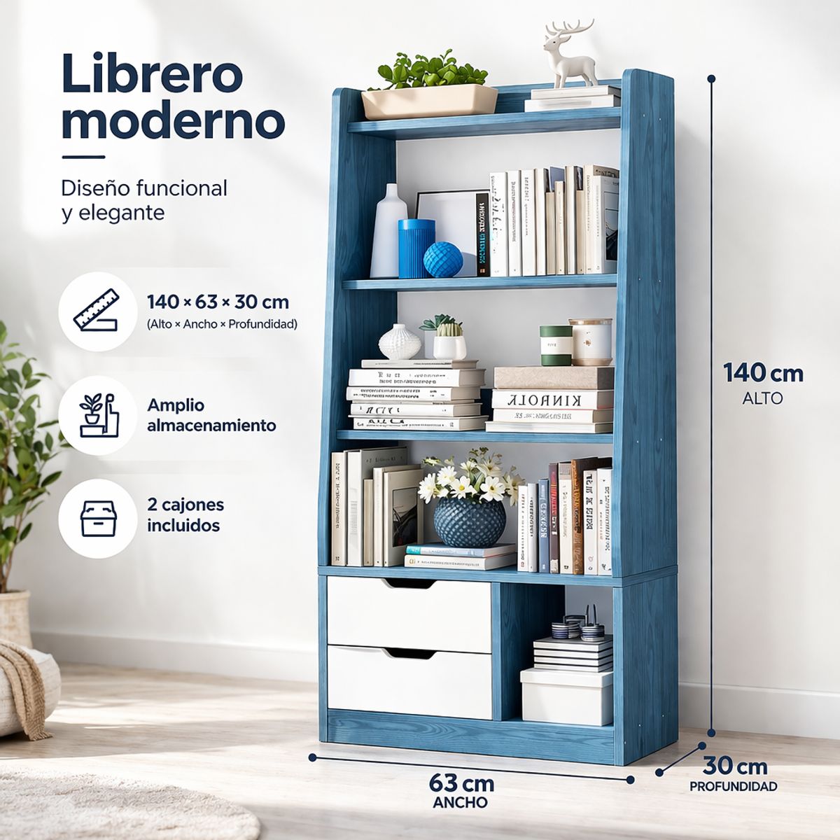SPACE HOME - Librero Organizador Azul Blanco MDF Melamina 2 Cajones 140x63x30