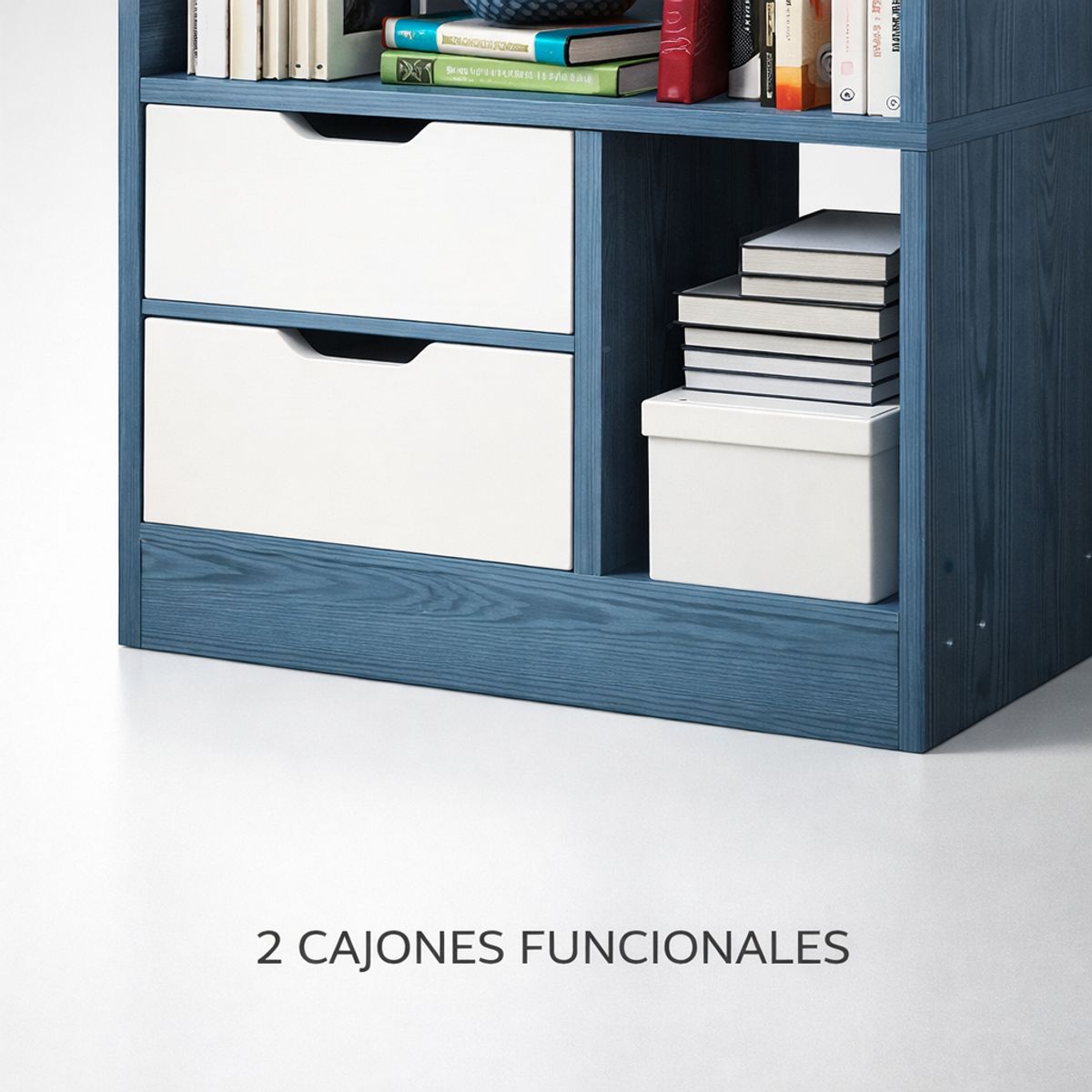 SPACE HOME - Librero Organizador Azul Blanco MDF Melamina 2 Cajones 140x63x30