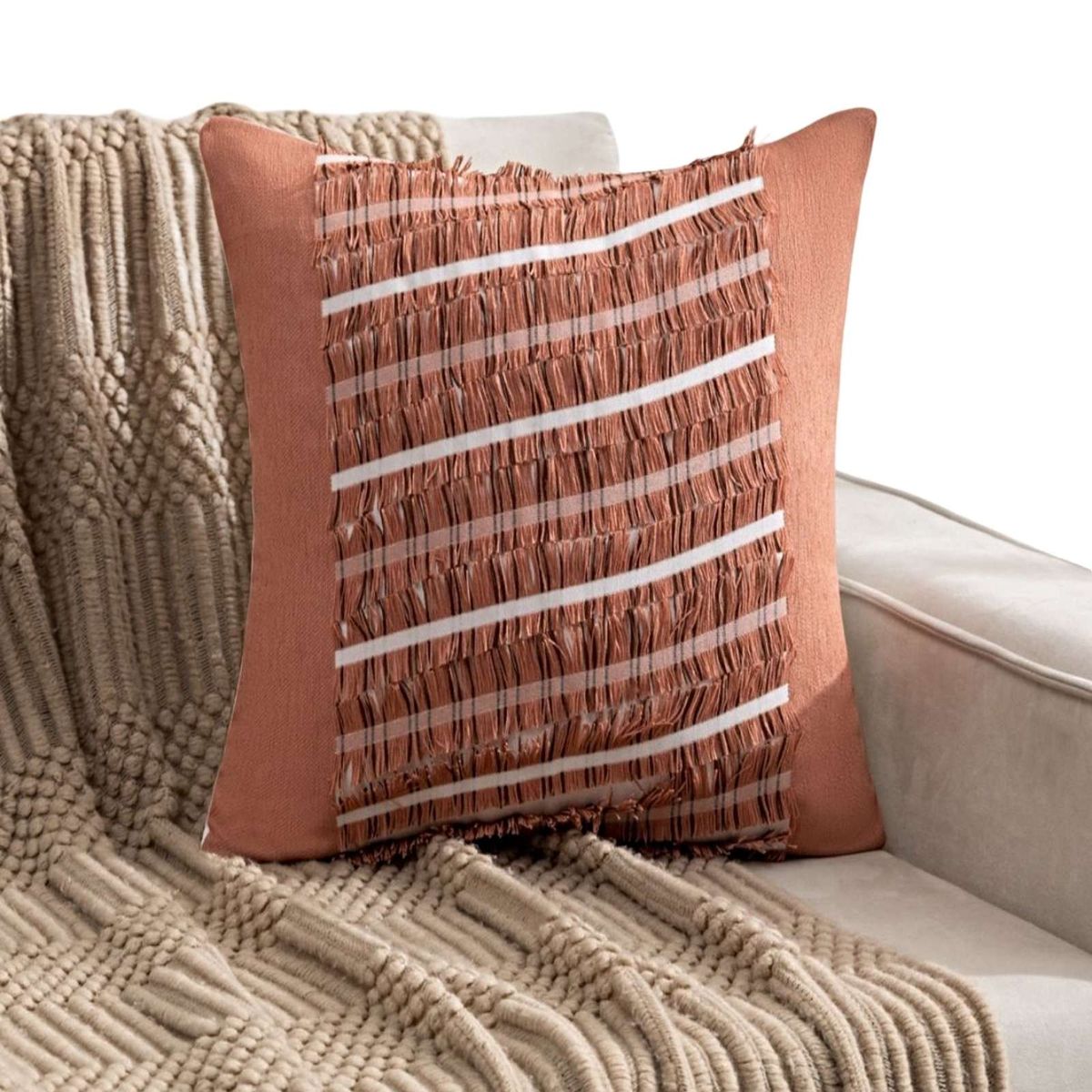 GENERICO - SET DE 4 FUNDAS DE COJIN CHENILLE CON FLECOS TERRACOTA