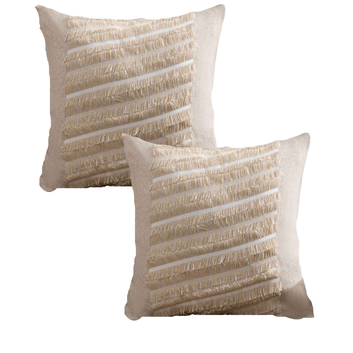 GENERICO - KIT DE 2 FUNDAS DE COJIN CHENILLE CON FLECOS BEIGE