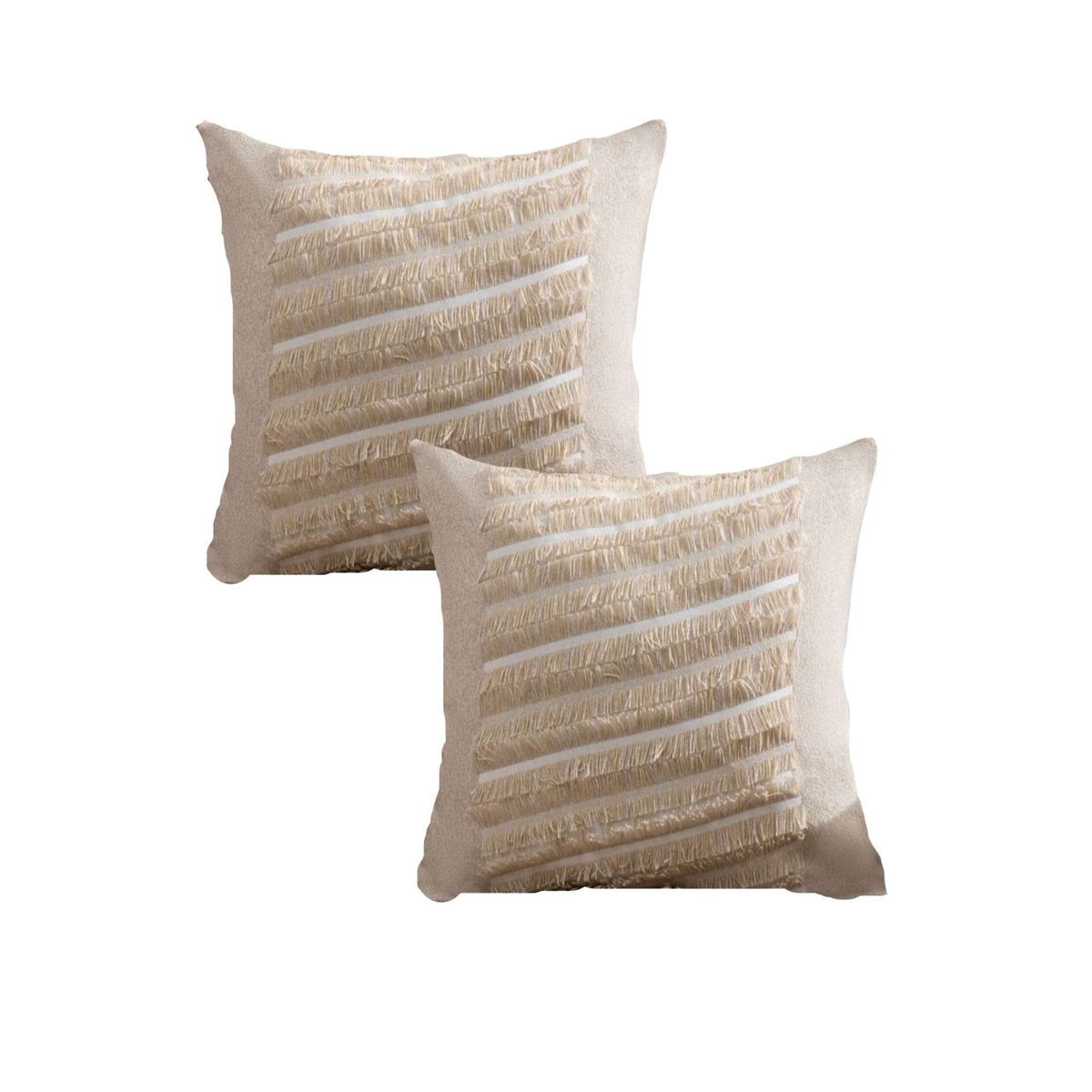 GENERICO - KIT DE 2 FUNDAS DE COJIN CHENILLE CON FLECOS BEIGE