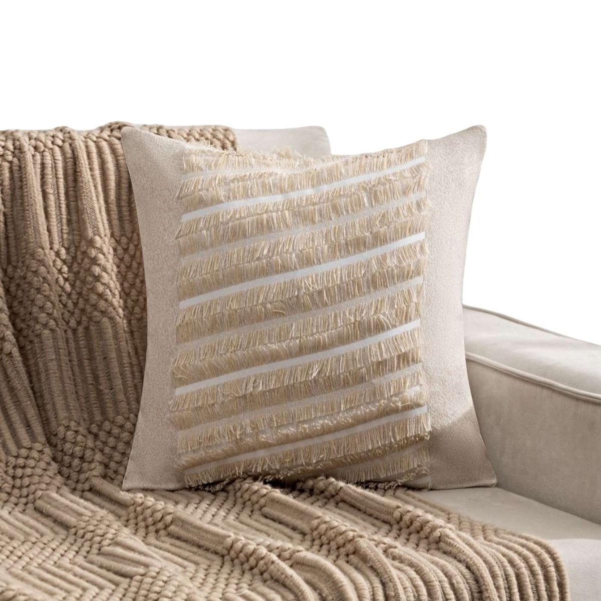 GENERICO - KIT DE 2 FUNDAS DE COJIN CHENILLE CON FLECOS BEIGE