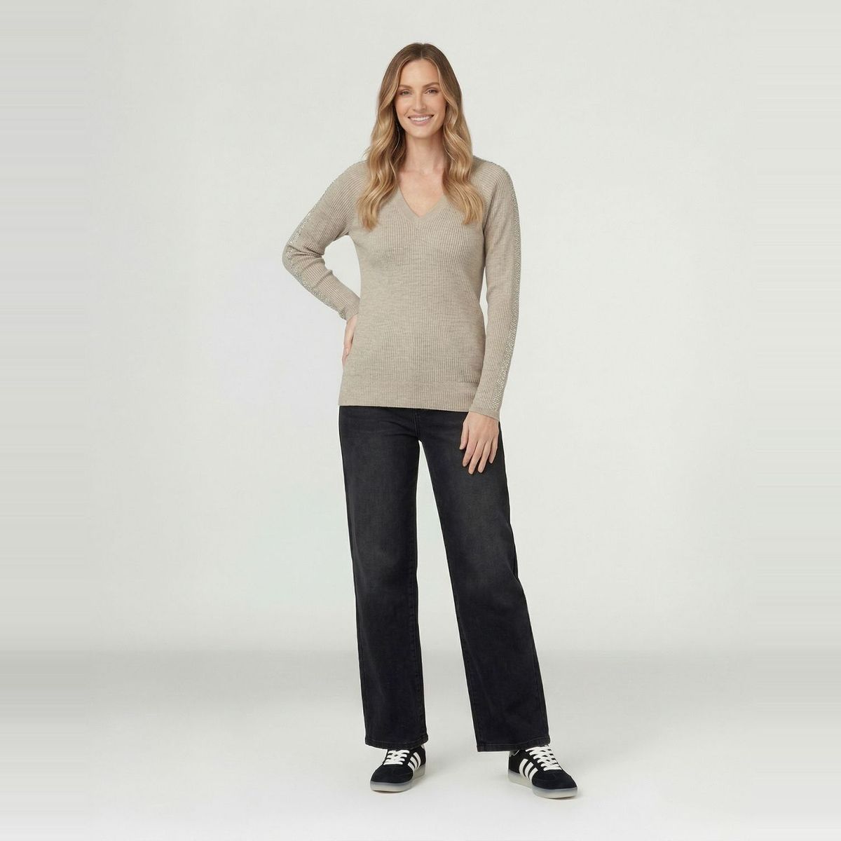 LINEATRE - Sweater Mujer Ornella Relaxed Cuello En V Manga Caída Fango Lineatre