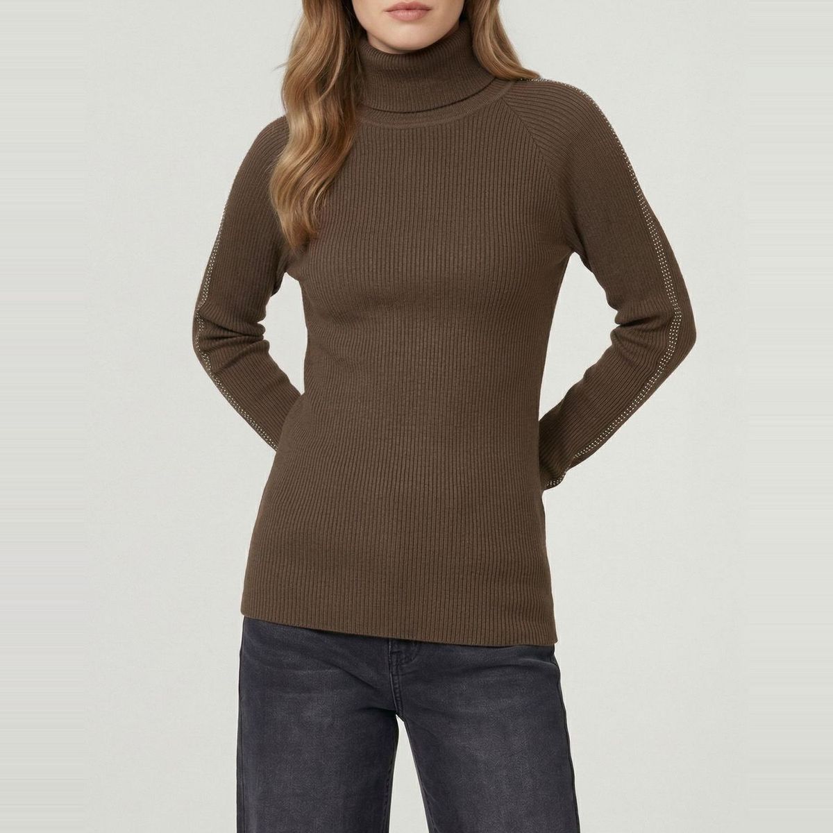 LINEATRE - Sweater Mujer Teresa Relaxed Cuello Alto Redondo Manga Caída Chocolate Lineatre