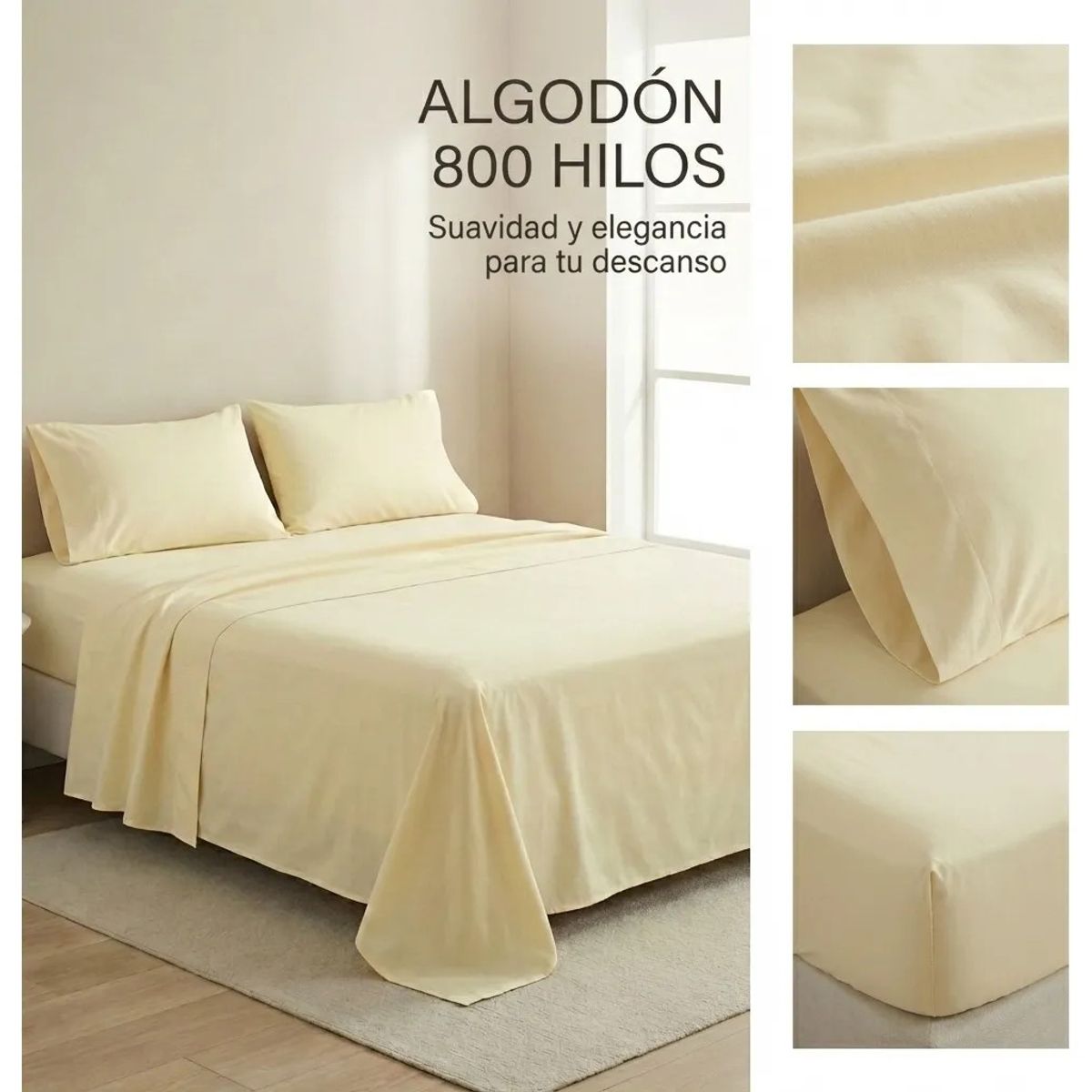 ARMONIA - Juego De Sabanas Algodon 800 Hilos Crema 3,0 Plazas
