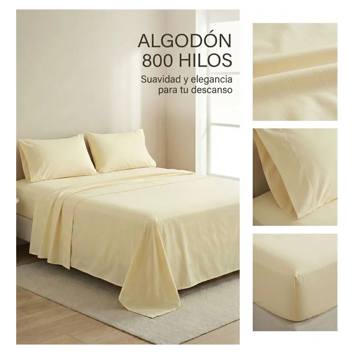 ARMONIA - Juego De Sabanas Algodon 800 Hilos Crema 3,0 Plazas