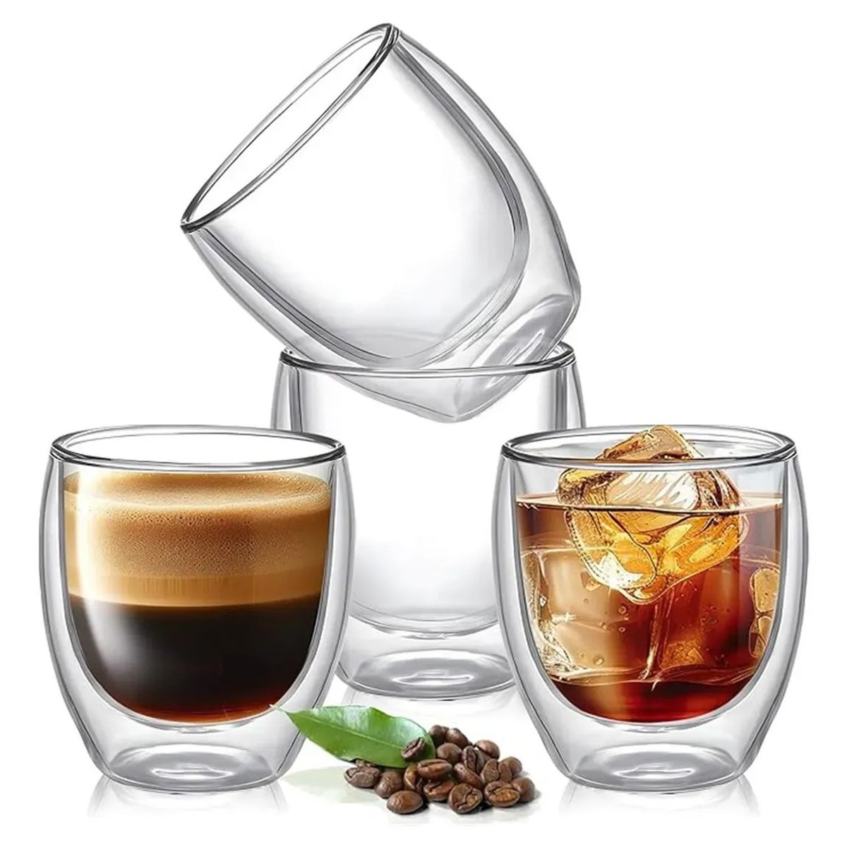 KUANGYE - Set 4 Tazas Café Vasos De Vidrio Doble Pared 150ml Transparente Vidrio De Doble Capa