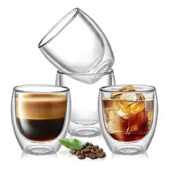 KUANGYE - Set 4 Tazas Café Vasos De Vidrio Doble Pared 150ml Transparente Vidrio De Doble Capa