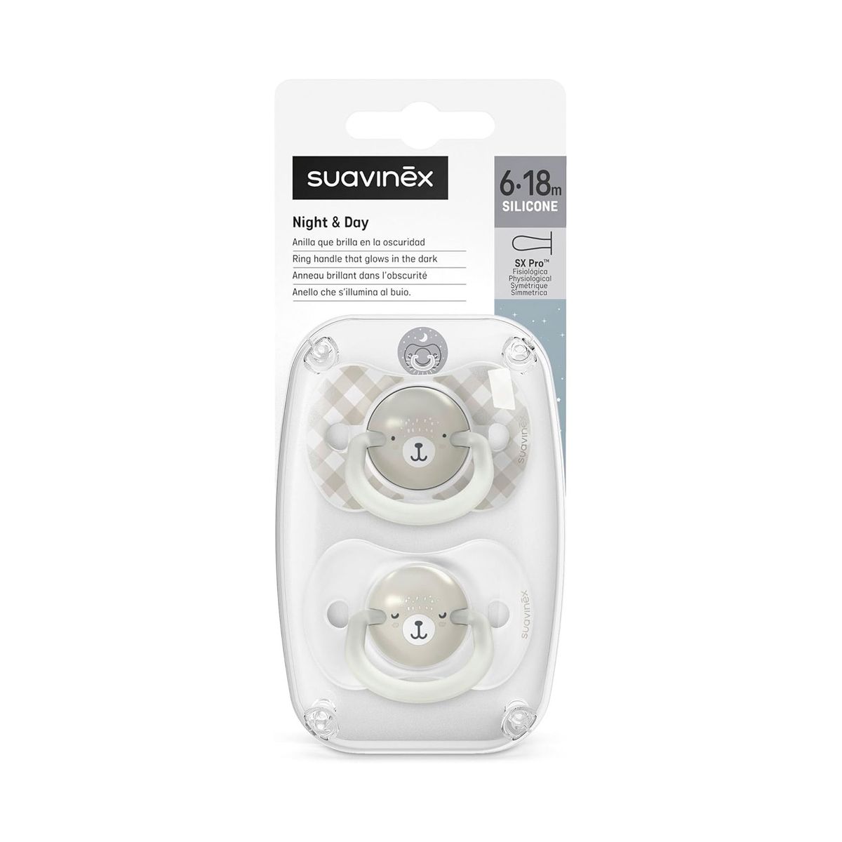 SUAVINEX - CHUPETE NOCHE Y DÍA FISIOLÓGICO SILICONA 6-18M 2U WILD GRIS