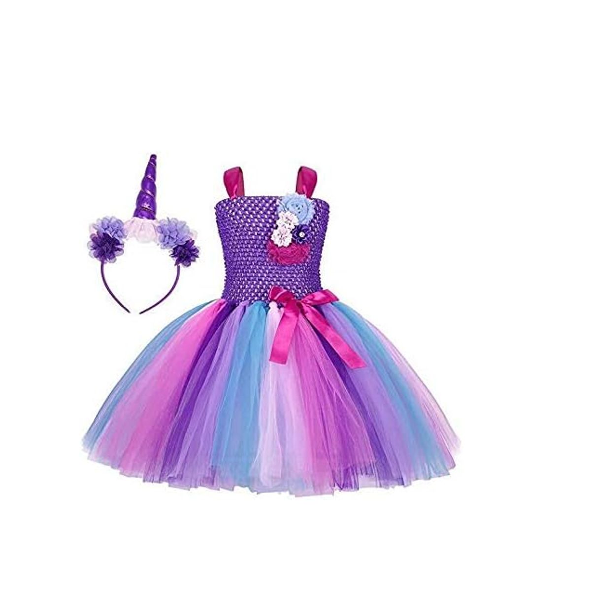 ALMA & DECO - Vestido Tiras Tutú Flores Púrpura Arcoiris  Diadema Unicornio Regalo