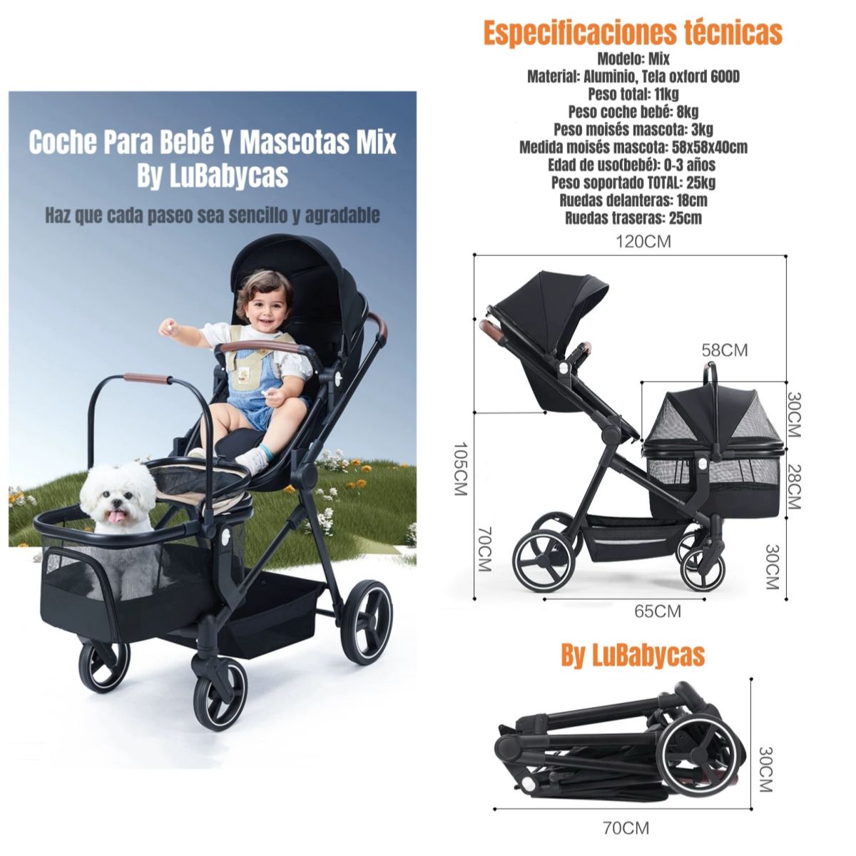 LUBABYCAS - Coche De Bebé Y Mascota 2 En 1 Mix Negro By Lubabycas