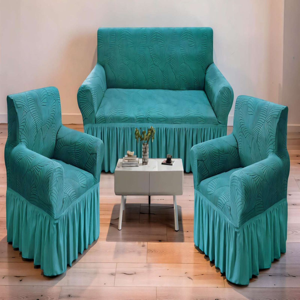 GENERICO - SET DE FUNDAS DE SOFA 3+1+1 CON DISEÑO EN FORMA DE HOJA CON VELO 3-1-1 COLOR TURQUESA
