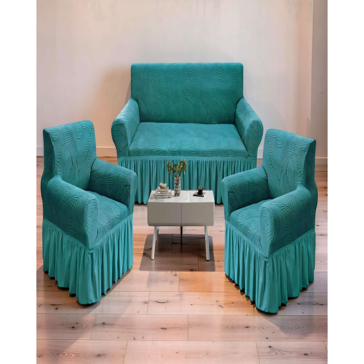GENERICO - SET DE FUNDAS DE SOFA 3+1+1 CON DISEÑO EN FORMA DE HOJA CON VELO 3-1-1 COLOR TURQUESA
