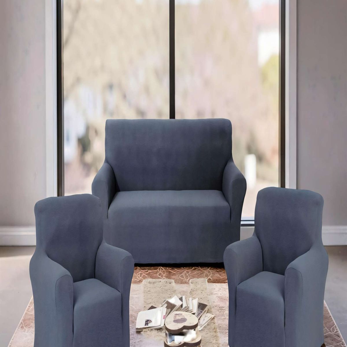 GENERICO - SET DE FUNDAS DE SOFA CUADRILLE 3+1+1 COLOR GRIS