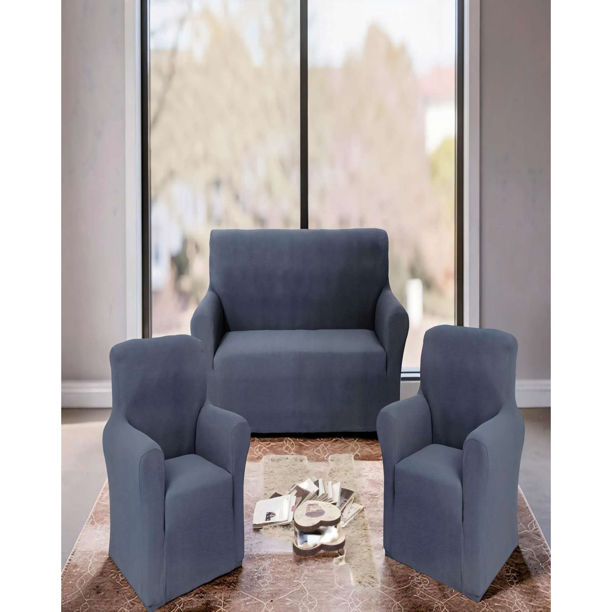 GENERICO - SET DE FUNDAS DE SOFA CUADRILLE 3+1+1 COLOR GRIS