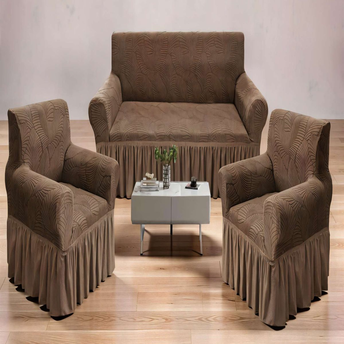 GENERICO - SET DE FUNDAS DE SOFA 3+1+1 CON DISEÑO EN FORMA DE HOJA CON VELO 3-1-1 COLOR CAFÉ