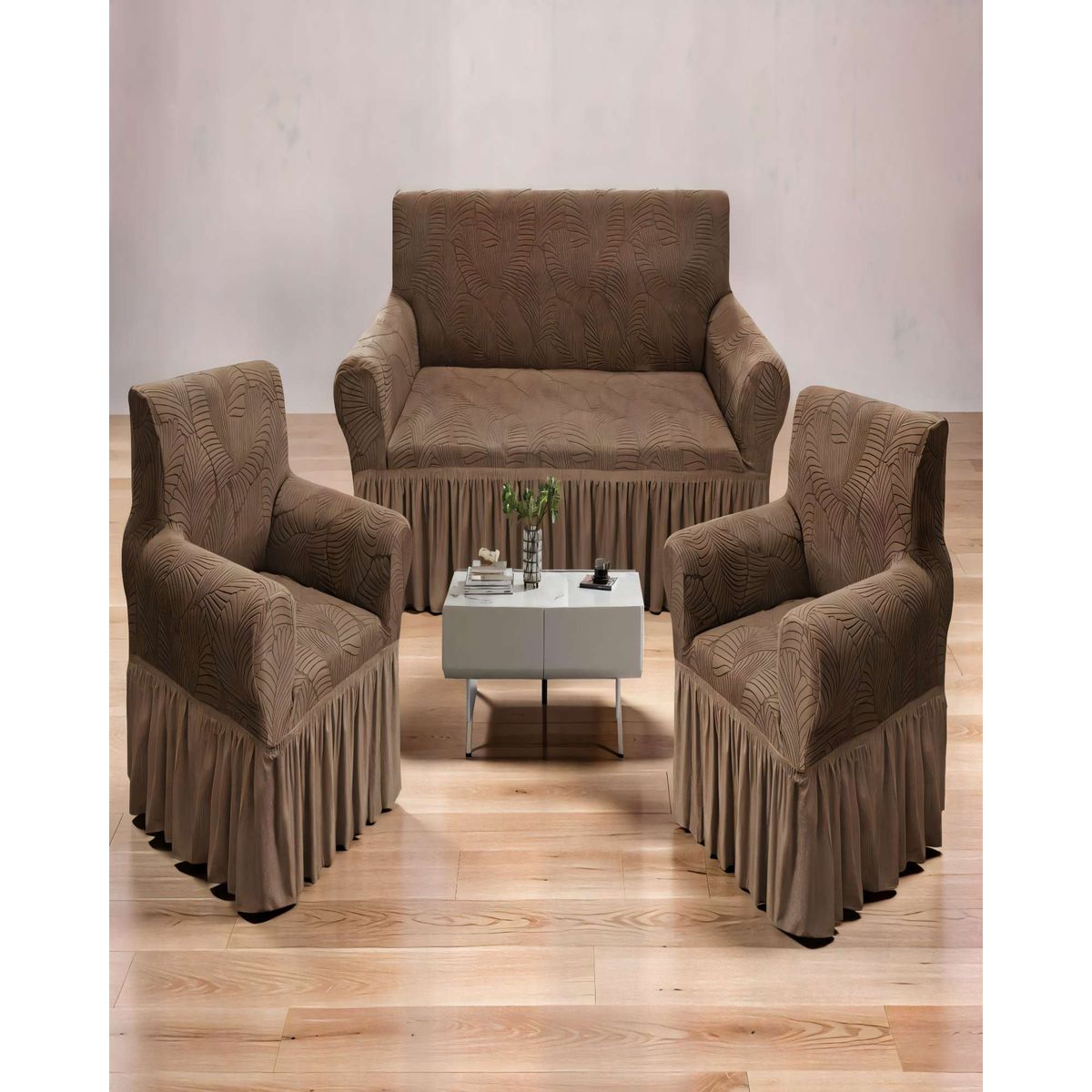 GENERICO - SET DE FUNDAS DE SOFA 3+1+1 CON DISEÑO EN FORMA DE HOJA CON VELO 3-1-1 COLOR CAFÉ