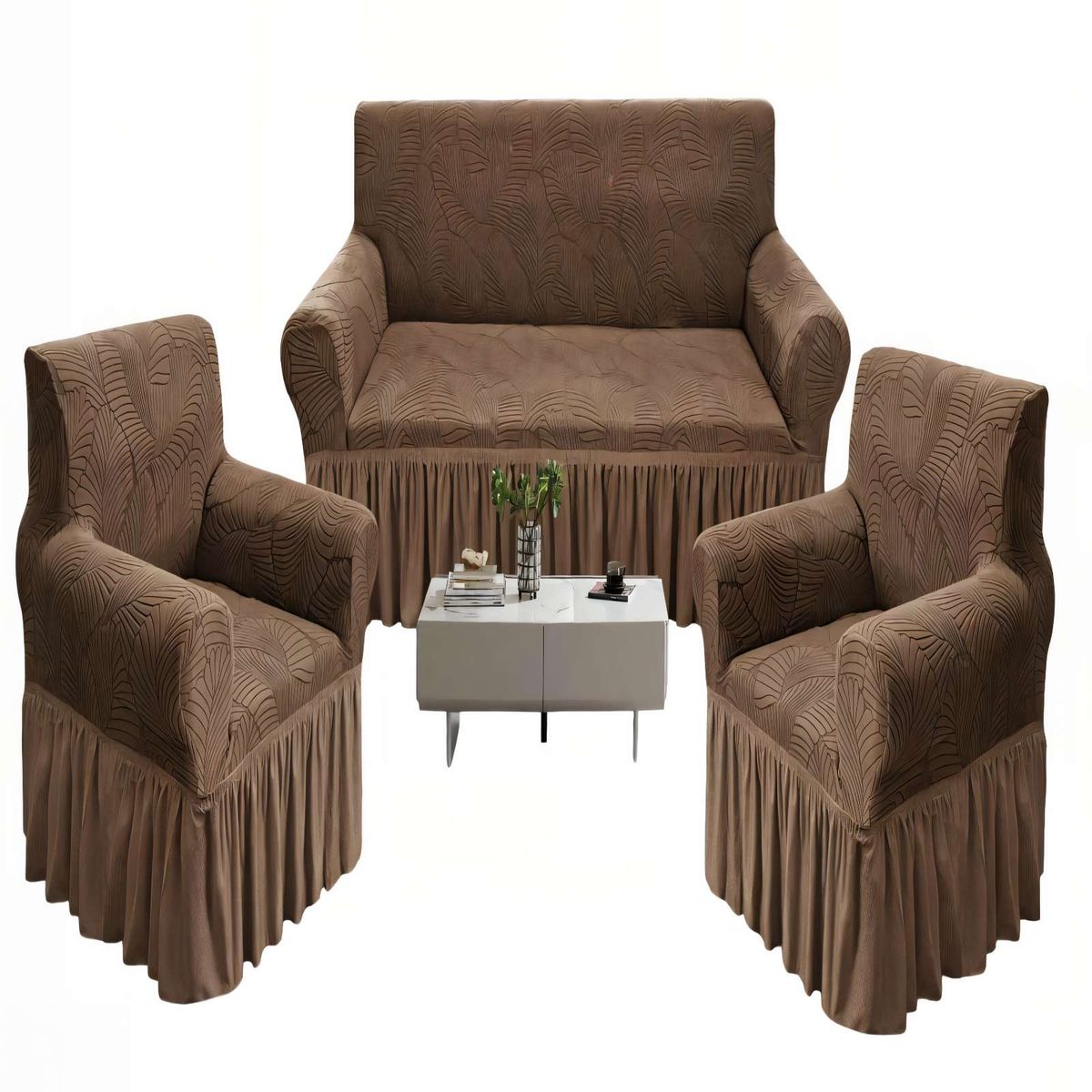 GENERICO - SET DE FUNDAS DE SOFA 3+1+1 CON DISEÑO EN FORMA DE HOJA CON VELO 3-1-1 COLOR CAFÉ