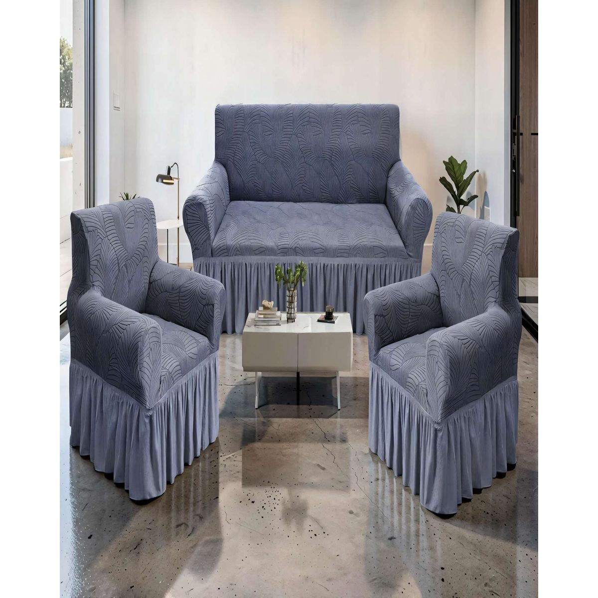 GENERICO - SET DE FUNDAS DE SOFA 3+1+1 CON DISEÑO EN FORMA DE HOJA CON VELO 3-1-1 COLOR GRIS