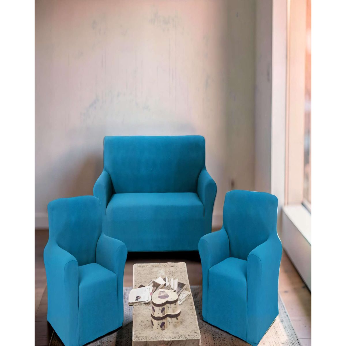 GENERICO - SET DE FUNDAS DE SOFA CUADRILLE 3+1+1 COLOR AZUL