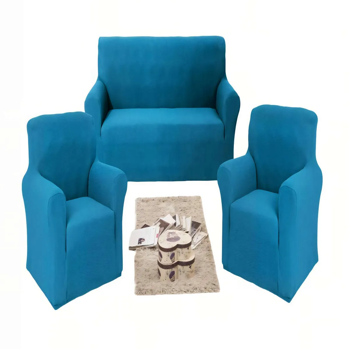 GENERICO - SET DE FUNDAS DE SOFA CUADRILLE 3+1+1 COLOR AZUL