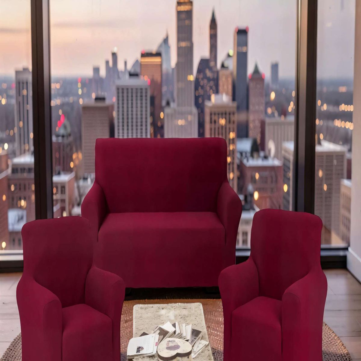 GENERICO - SET DE FUNDAS DE SOFA CUADRILLE 3+1+1 COLOR BURDEO