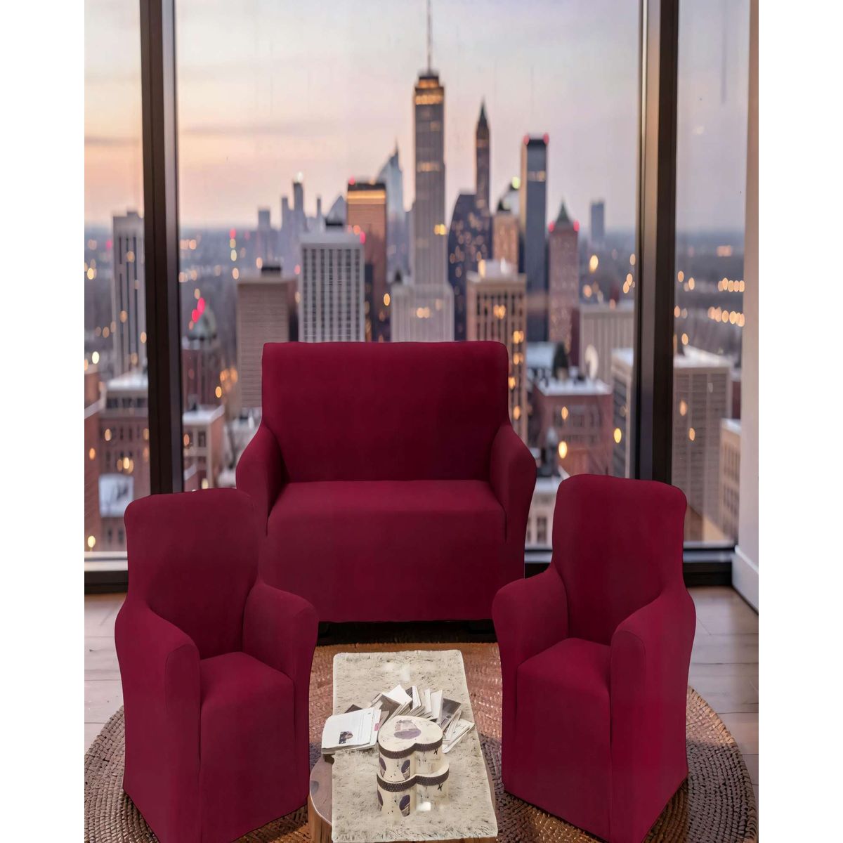 GENERICO - SET DE FUNDAS DE SOFA CUADRILLE 3+1+1 COLOR BURDEO