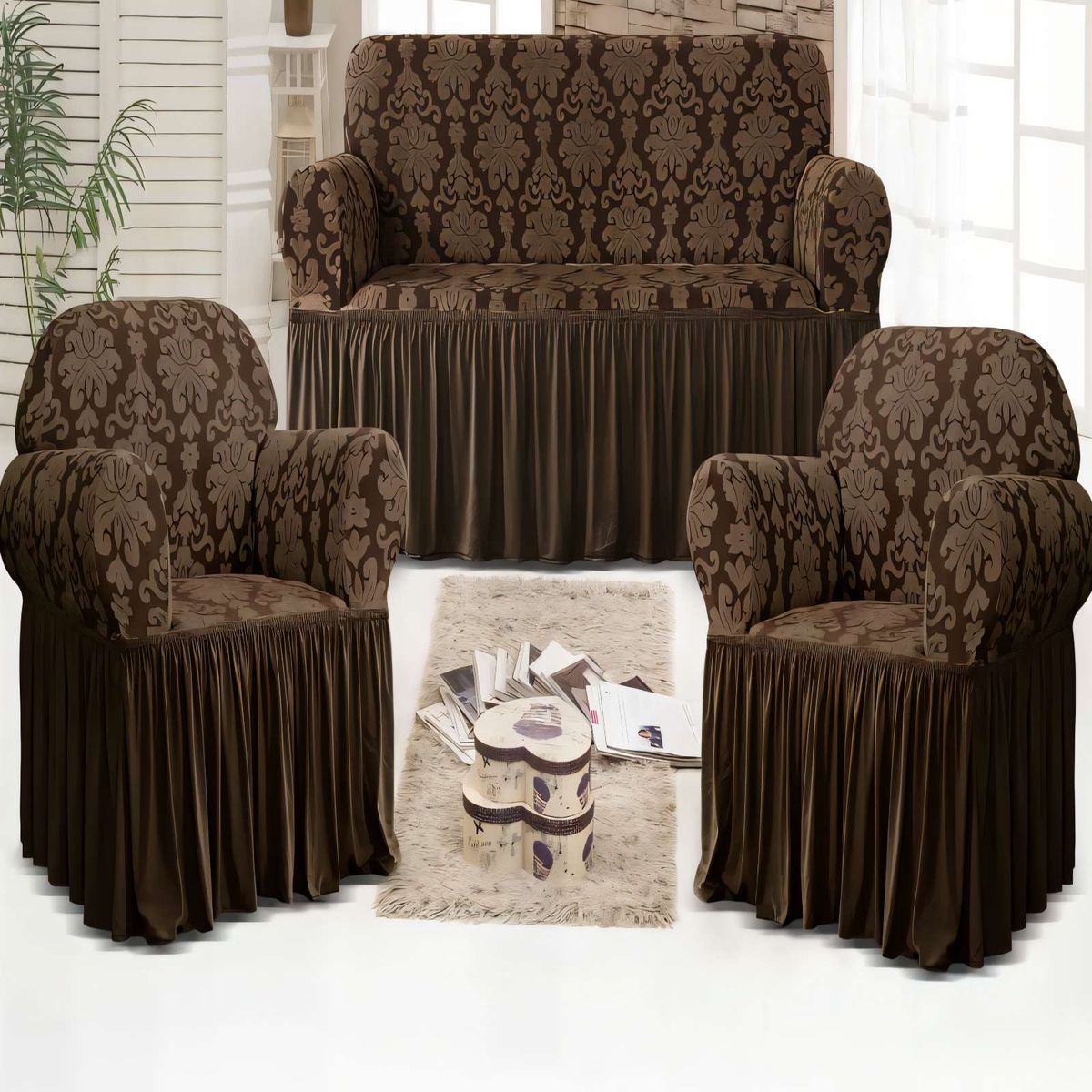 GENERICO - SET DE FUNDAS DE SOFA 3+1+1 CON VELO COLOR MARRON