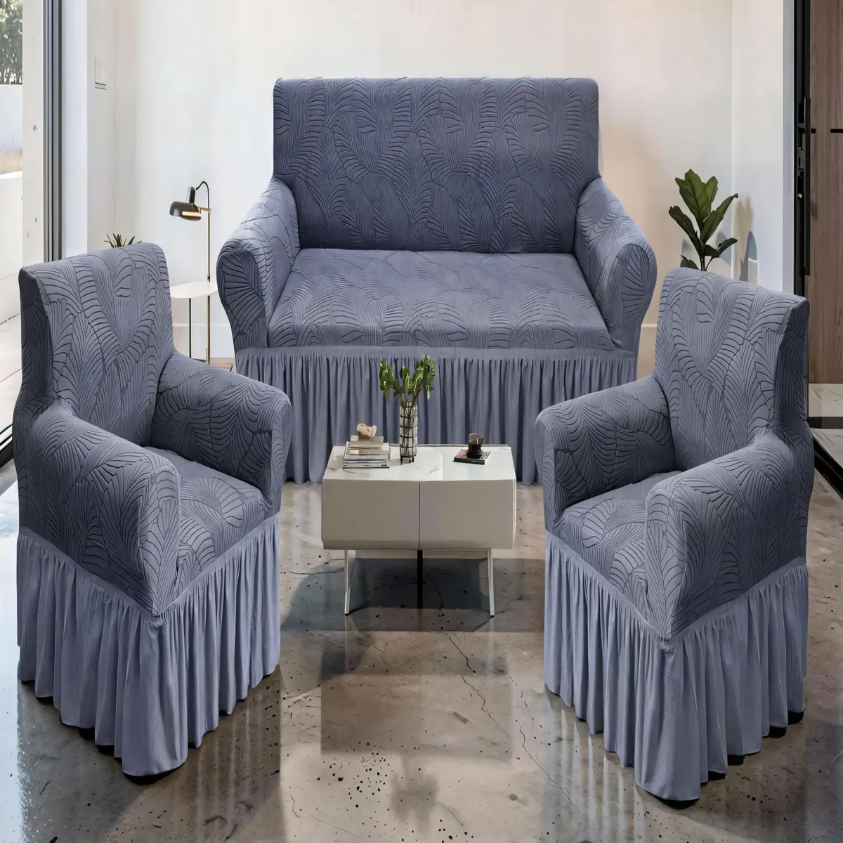 GENERICO - SET DE FUNDAS DE SOFA 3+1+1 CON DISEÑO EN FORMA DE HOJA CON VELO 3-1-1 COLOR GRIS