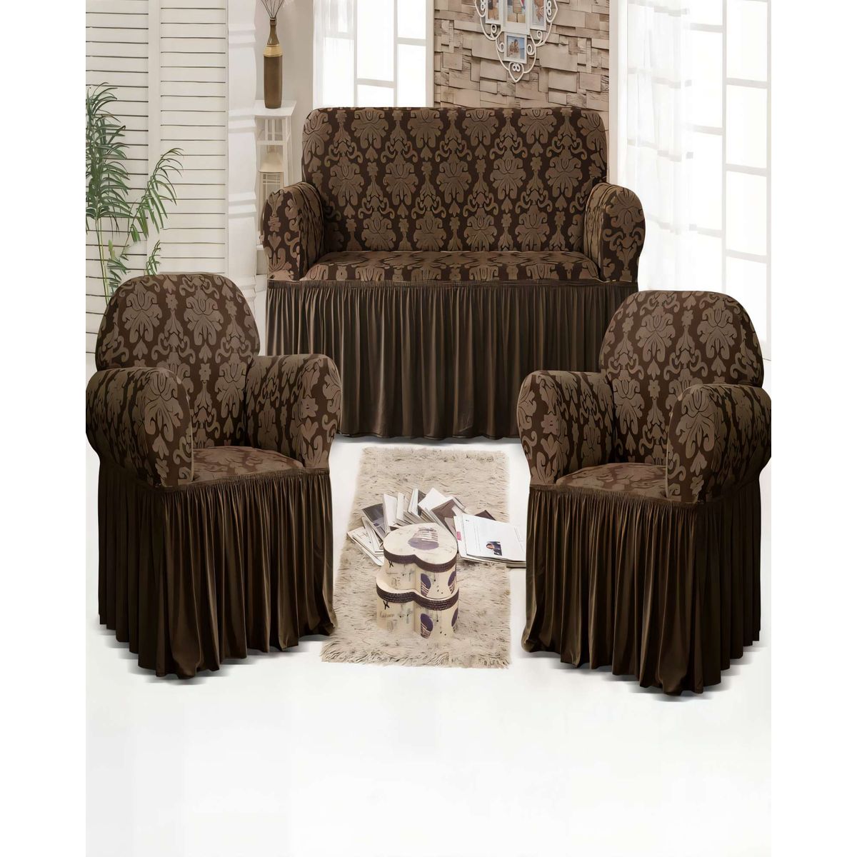 GENERICO - SET DE FUNDAS DE SOFA 3+1+1 CON VELO COLOR MARRON