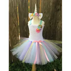 ALMA & DECO - Vestido Tiras Tutú Flores Blanco Arcoiris Diadema Unicornio Regalo