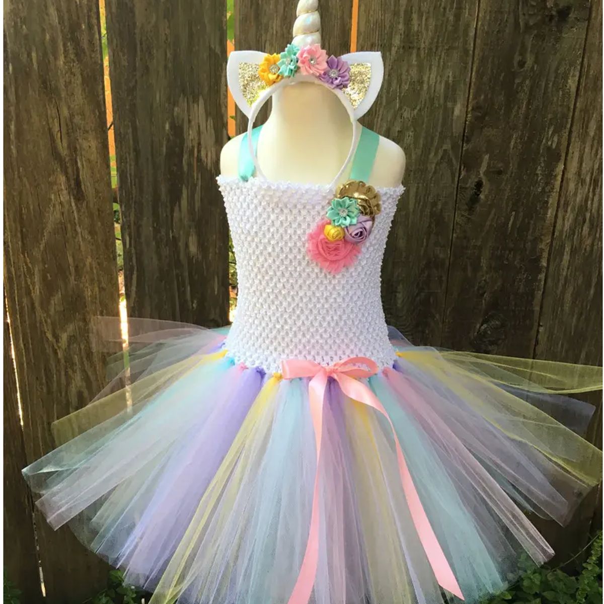 ALMA & DECO - Vestido Tiras Tutú Flores Blanco Arcoiris Diadema Unicornio Regalo