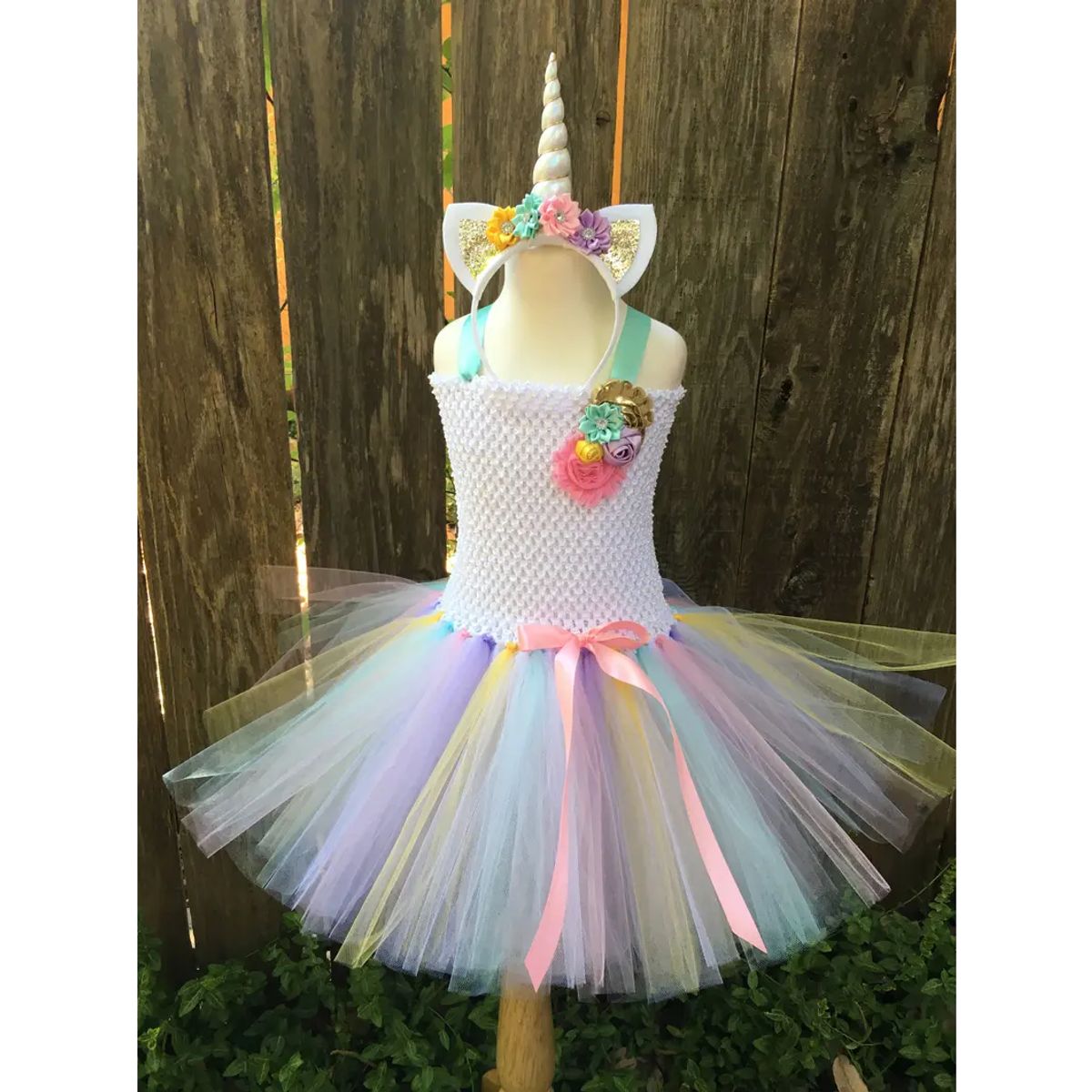 ALMA & DECO - Vestido Tiras Tutú Flores Blanco Arcoiris Diadema Unicornio Regalo