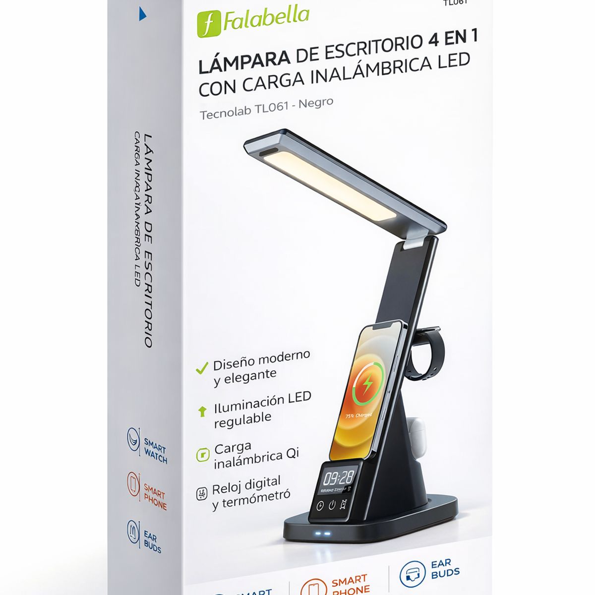 TECNOLAB - Lámpara Escritorio Tecnolab TL061 Carga Inalámbrica 4 En 1 Led Negro