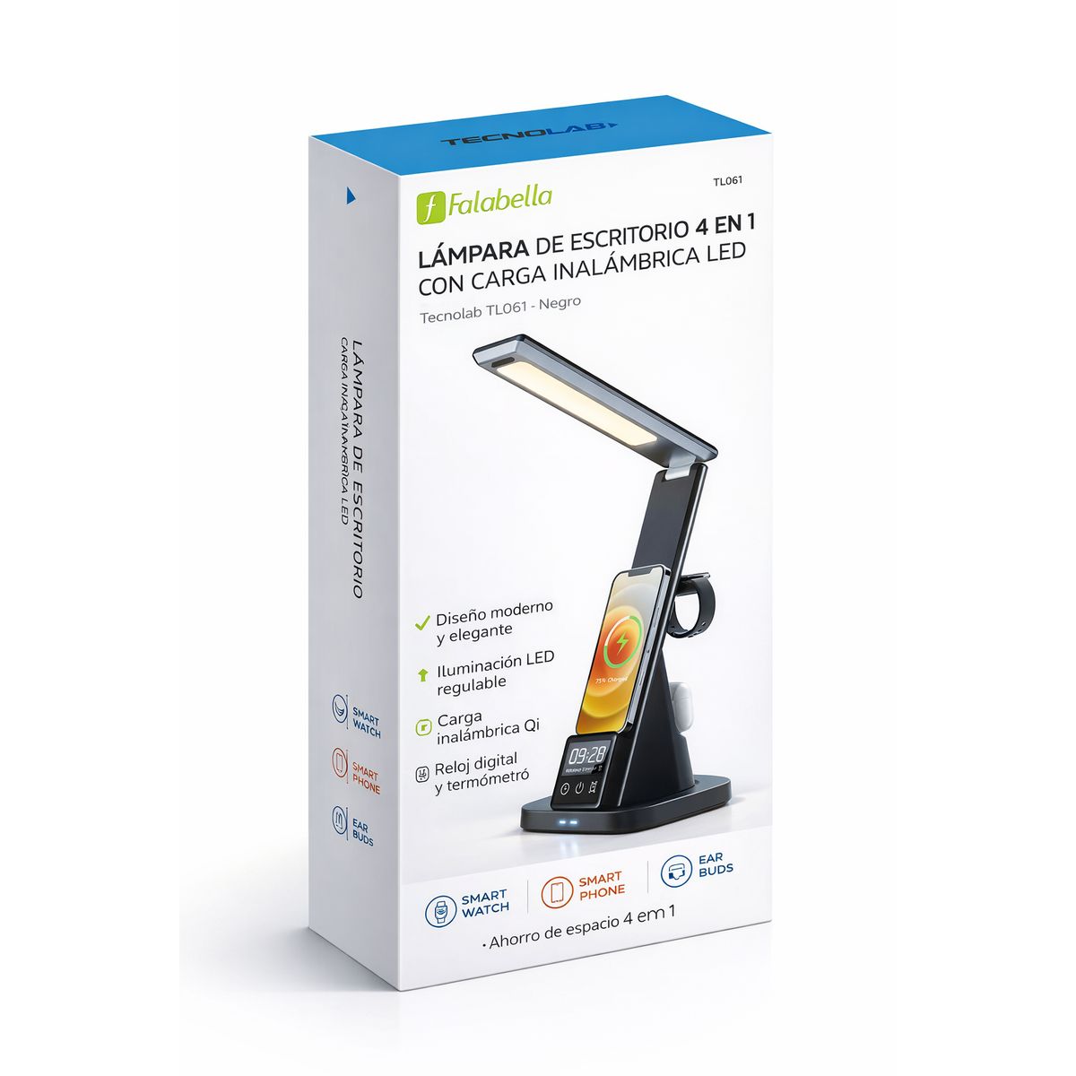 TECNOLAB - Lámpara Escritorio Tecnolab TL061 Carga Inalámbrica 4 En 1 Led Negro