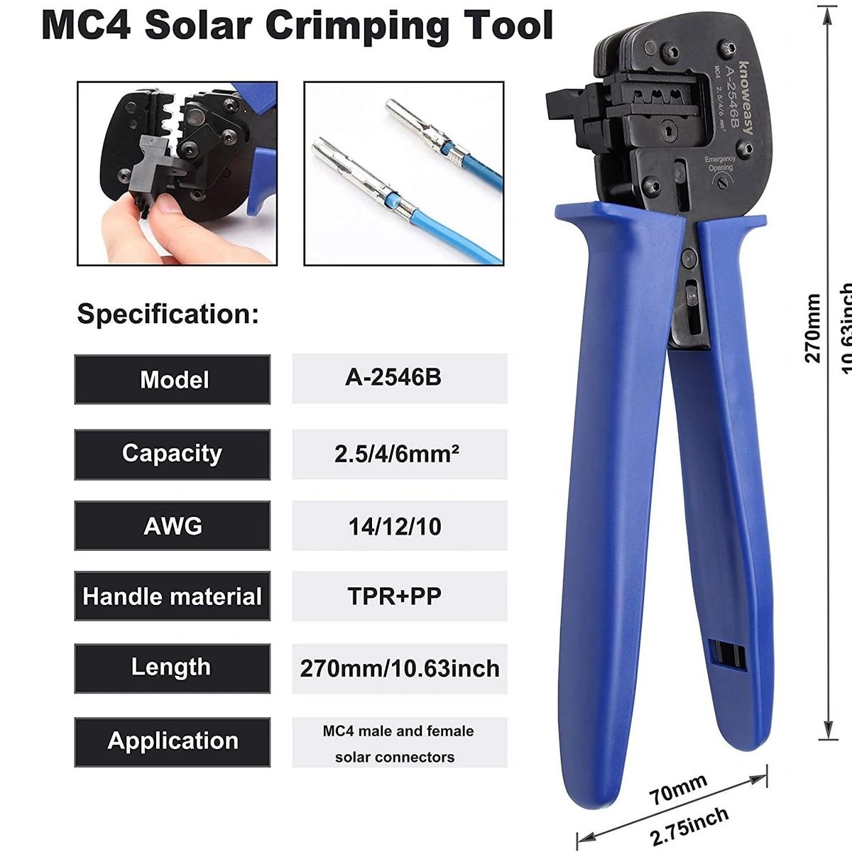 GENERICO - Pinza Crimpadora Solar Profesional A-2546B para Conectores MC4 (2.5 - 6.0 mm²)