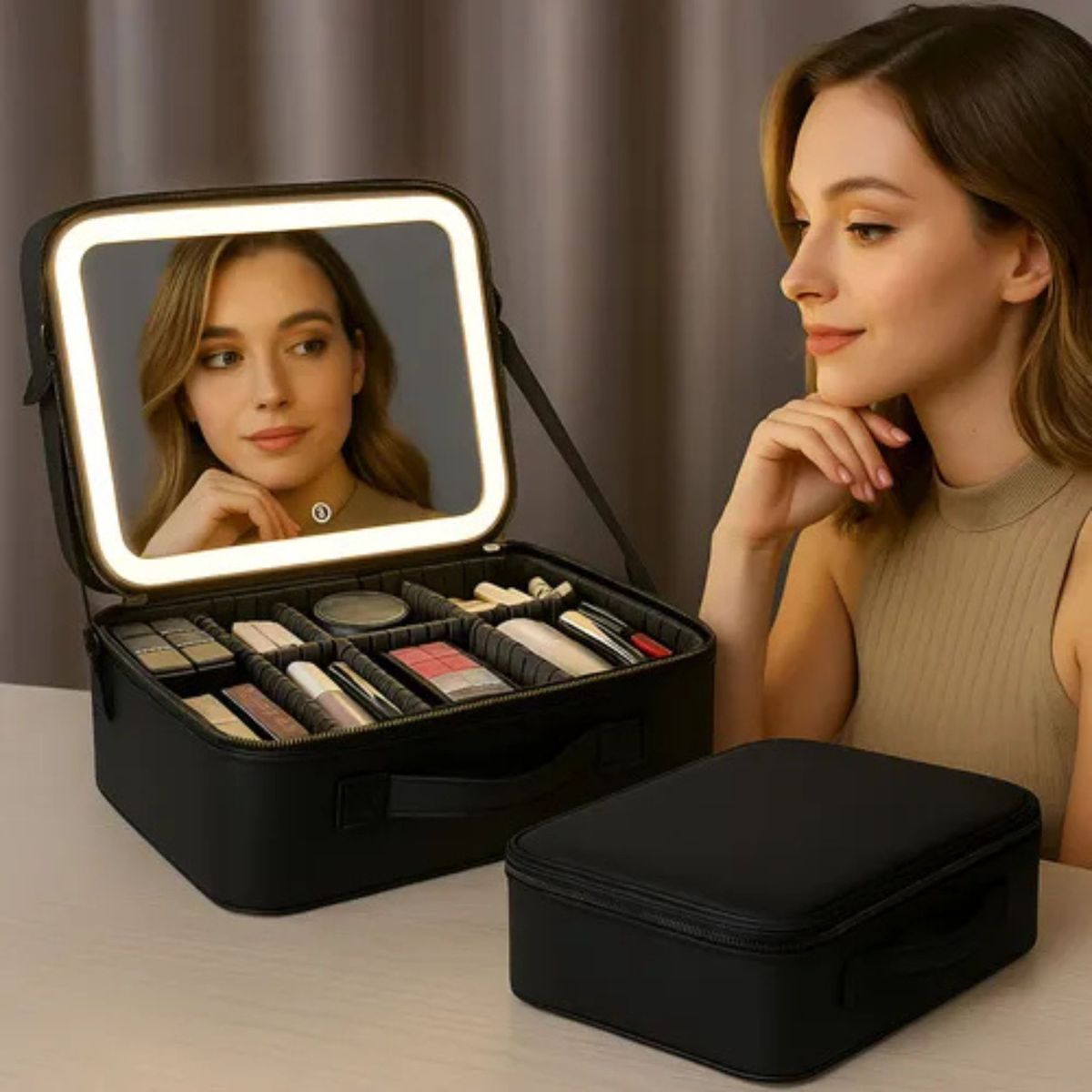 MOVI - Maletín Cosmetiquero Organizador con Espejo y Luz LED para Maquillaje