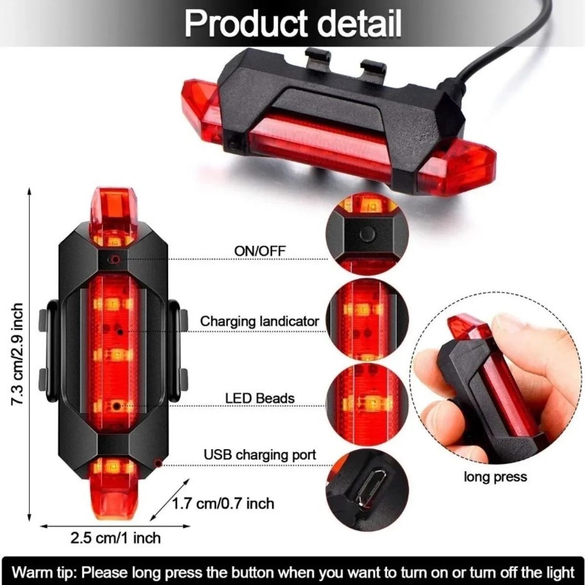 GENERICO - Luz Led Bicicleta carga Usb trasera 4 Led Stroboscopica