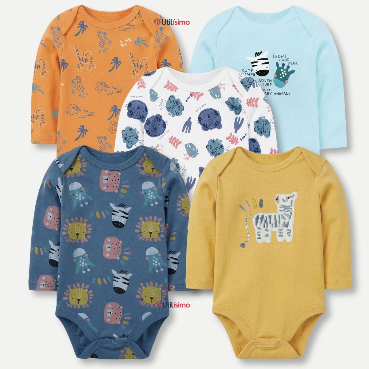 TEDMIMAK - Pack 5 Bodys Manga Larga 100% Algodón Bebé Niño Friendly Safari