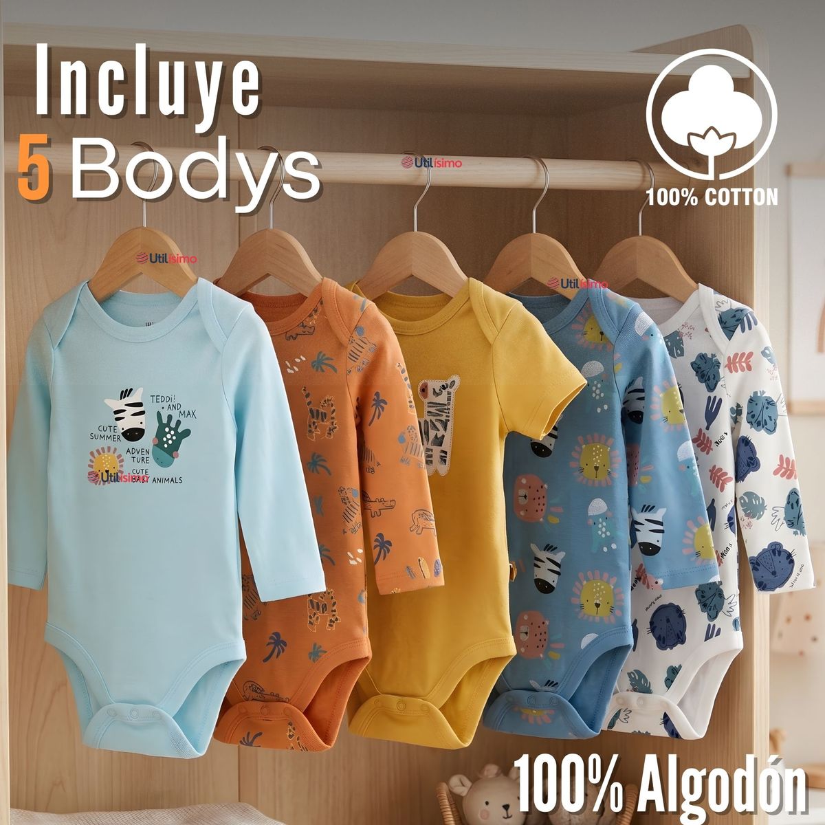 TEDMIMAK - Pack 5 Bodys Manga Larga 100% Algodón Bebé Niño Friendly Safari