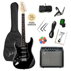 IBRAH - Guitarra Electrica Strato Zurdos Amplificador + Accesorios Negro