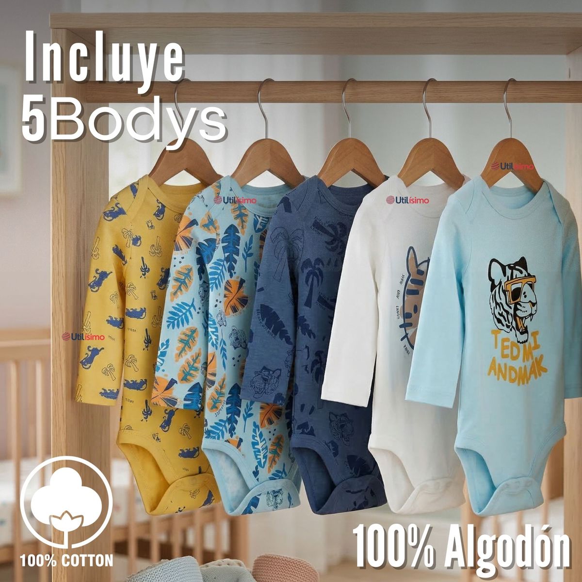TEDMIMAK - Pack 5 Bodys Manga Larga 100% Algodón Bebé Niño Wild Tiger
