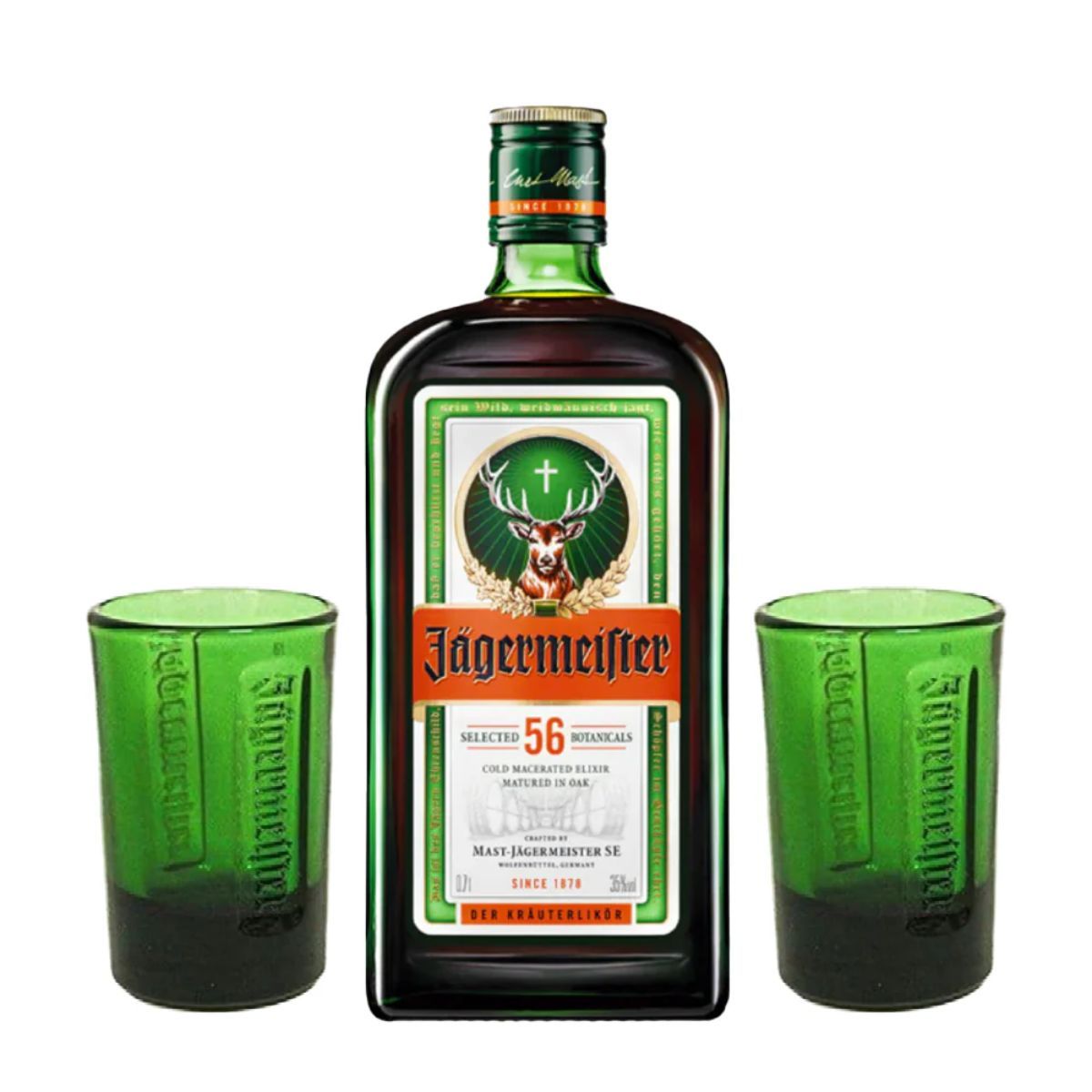 JAGERMEISTER - Licor Jagermeister 700cc 35º alc. + 2x Vasos Shot Verdes