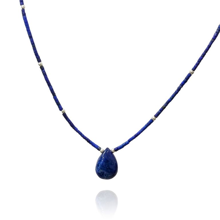 Collar Gota Mostacillas Lapislazuli Plata Fina 925 Azul TALLA UNICA