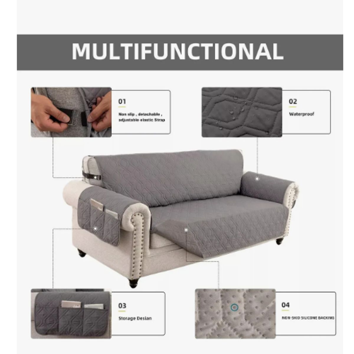 GENERICO - Funda 3 Plazas Cubre Sofá 3 Cuerpo Protectora Mascotas Gris Liso