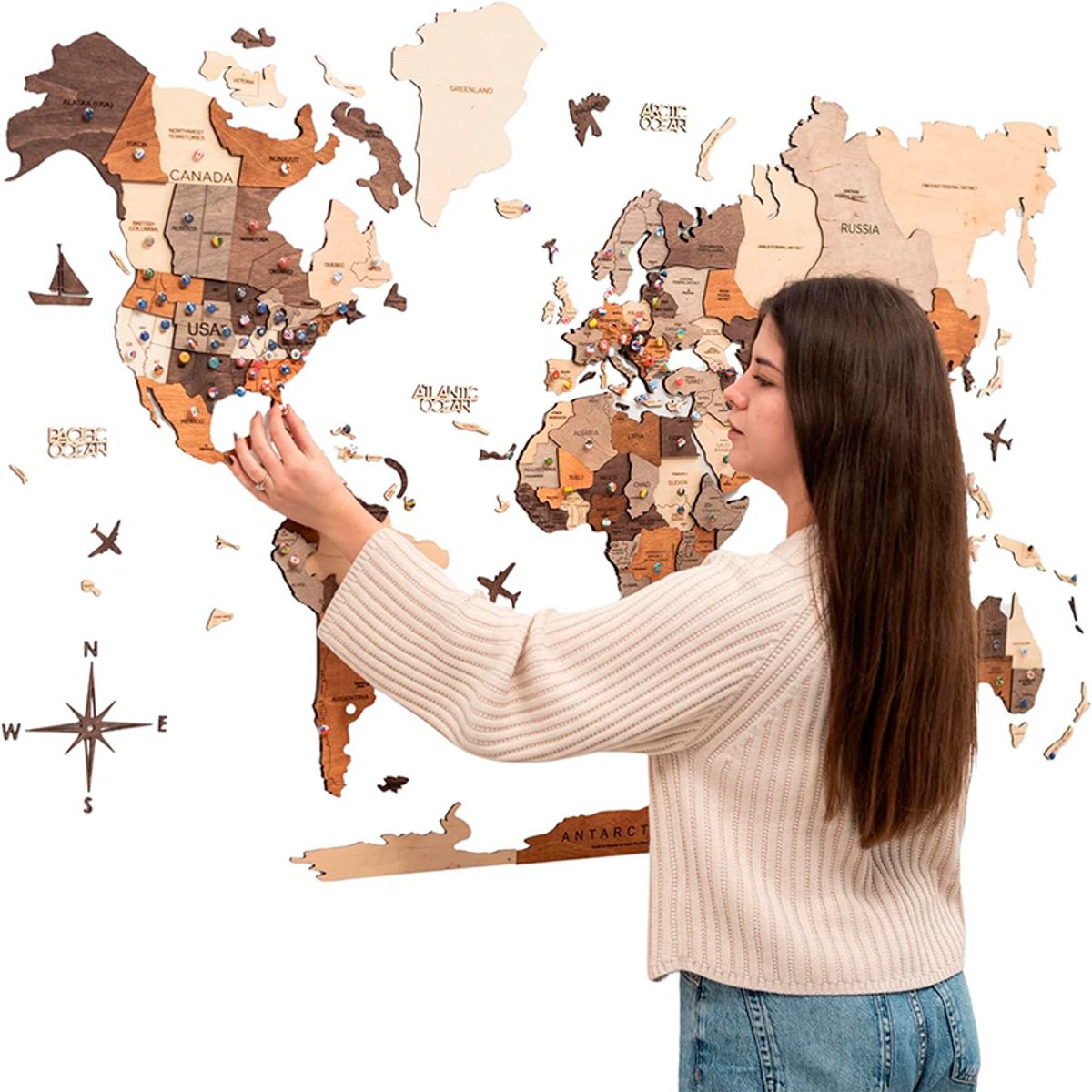 WAKESHOME - Mapa del Mundo de Madera 100x60 cm con Pines de Viaje Decoración para pared 3D