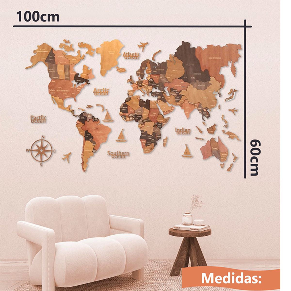 WAKESHOME - Mapa del Mundo de Madera 100x60 cm con Pines de Viaje Decoración para pared 3D