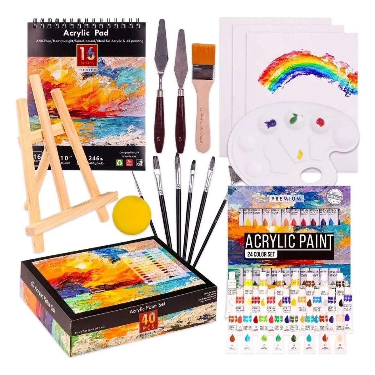 GENERICO - Kit 40pcs Lienzo Pintura Acrilica Bastidor Espatulas Pinceles