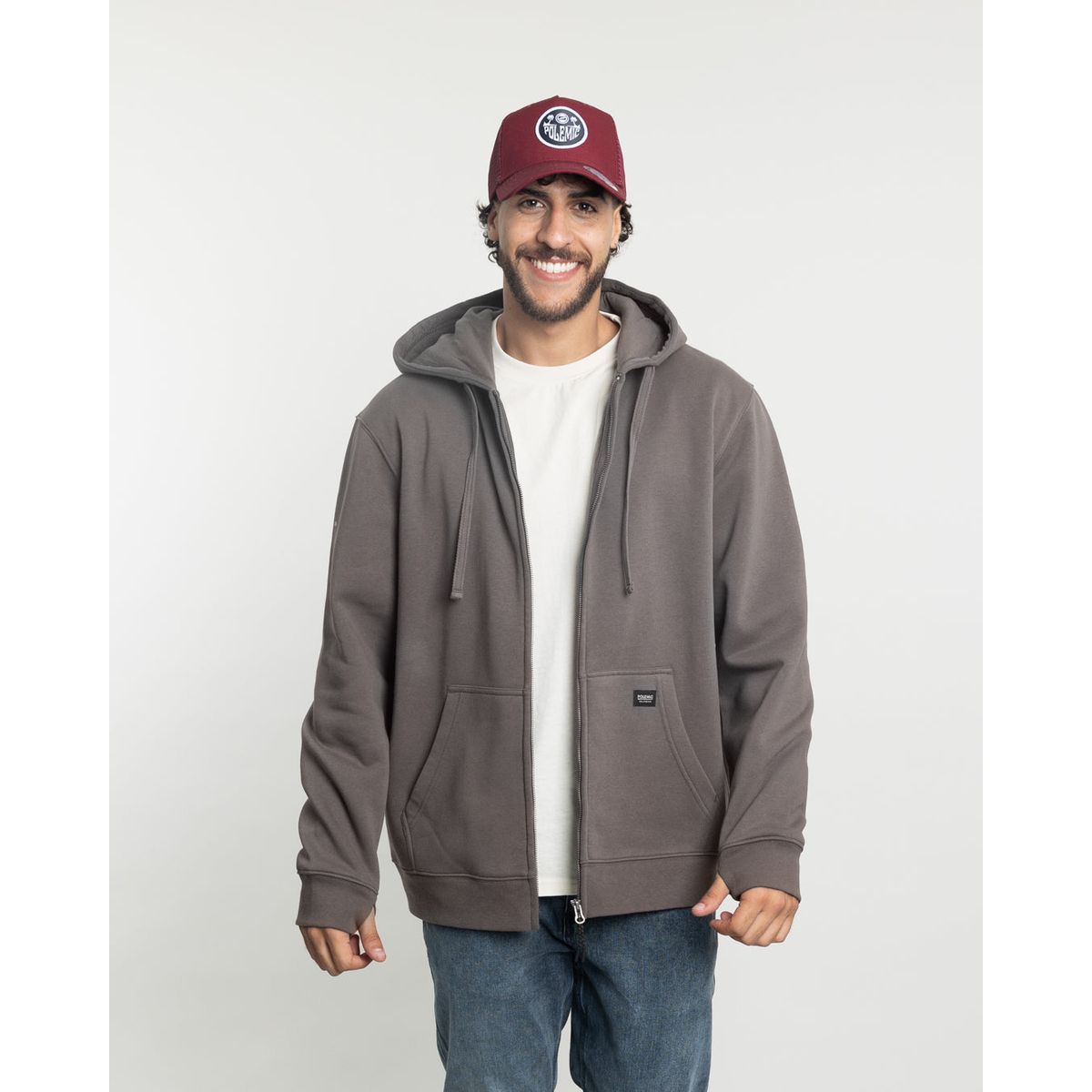 POLEMIC - Poleron con cierre y gorro Invierno Café POLEMIC