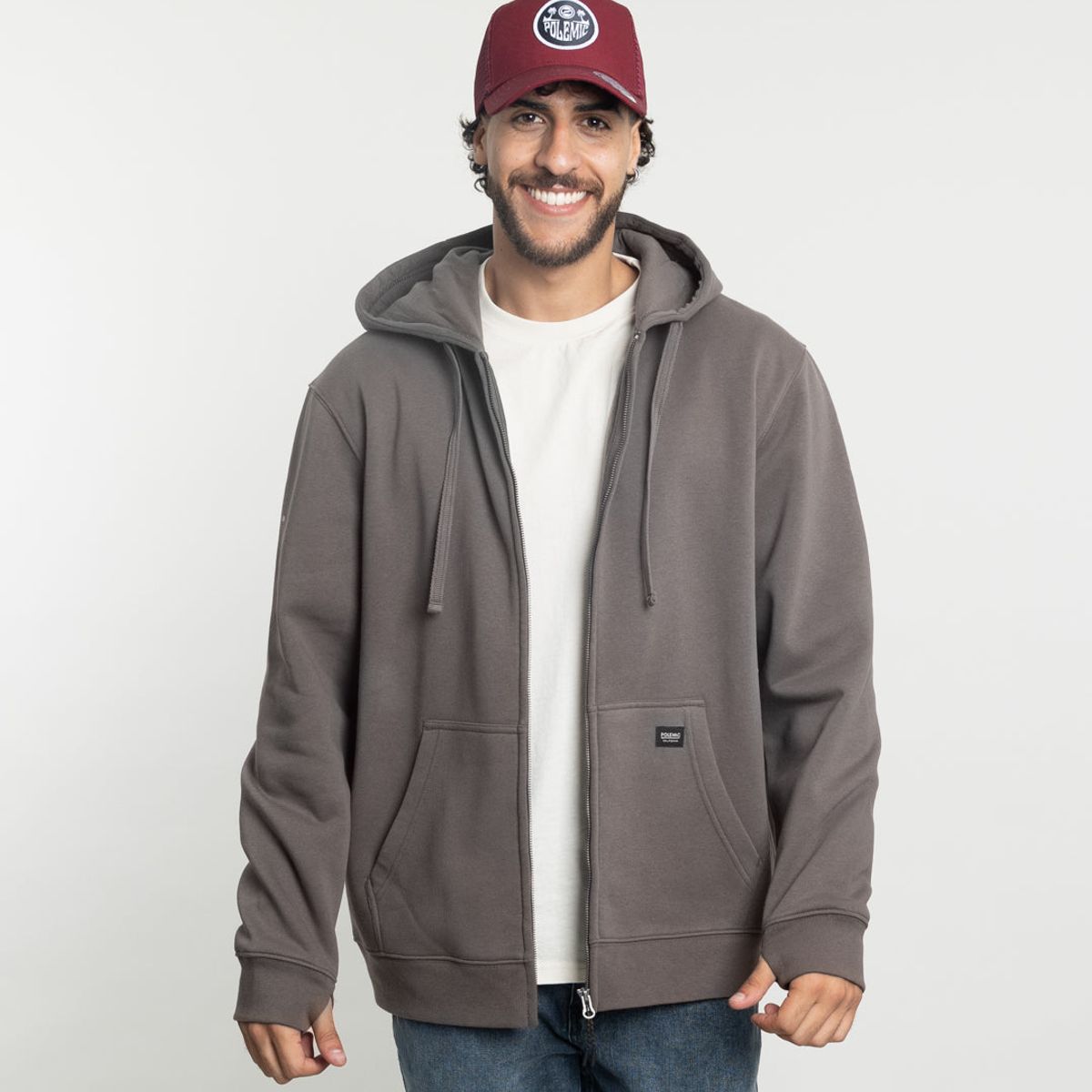 POLEMIC - Poleron con cierre y gorro Invierno Café POLEMIC